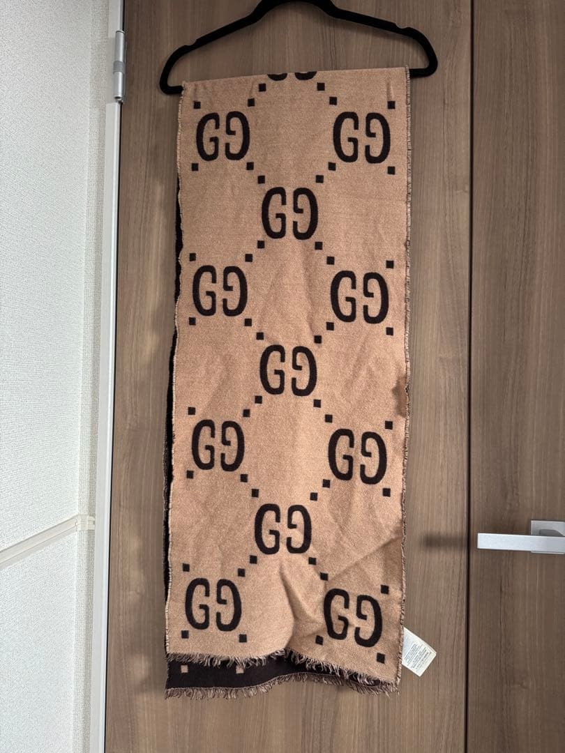 グッチ　GUCCI GG柄　マフラー　フリンジ　ウール　シルク　ベージュ
