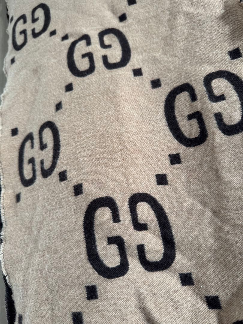 グッチ　GUCCI GG柄　マフラー　フリンジ　ウール　シルク　ベージュ