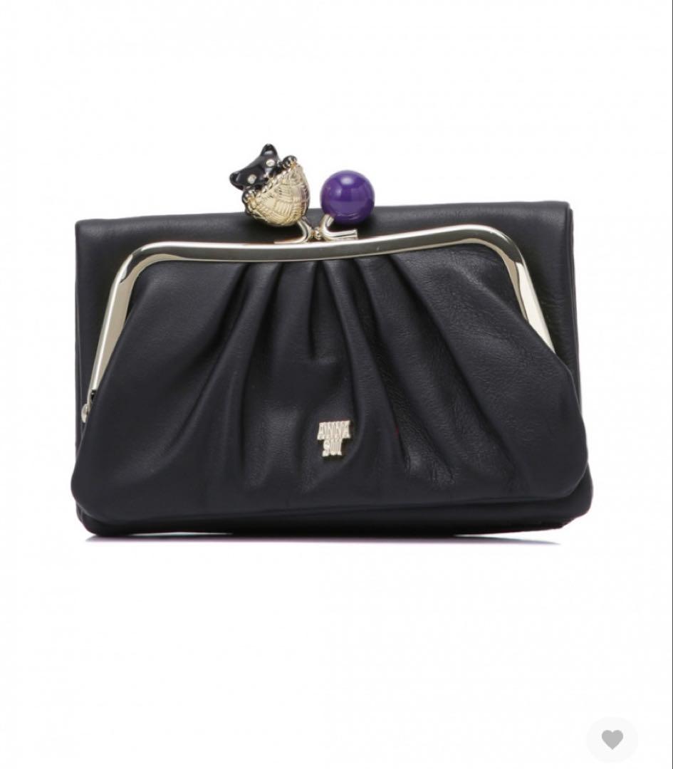ANNA SUI 黒 レザー 二つ折り財布 猫モチーフ