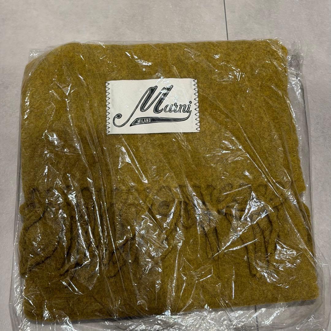 マスタード　マルニ　フリンジ付き起毛アルパカマフラー