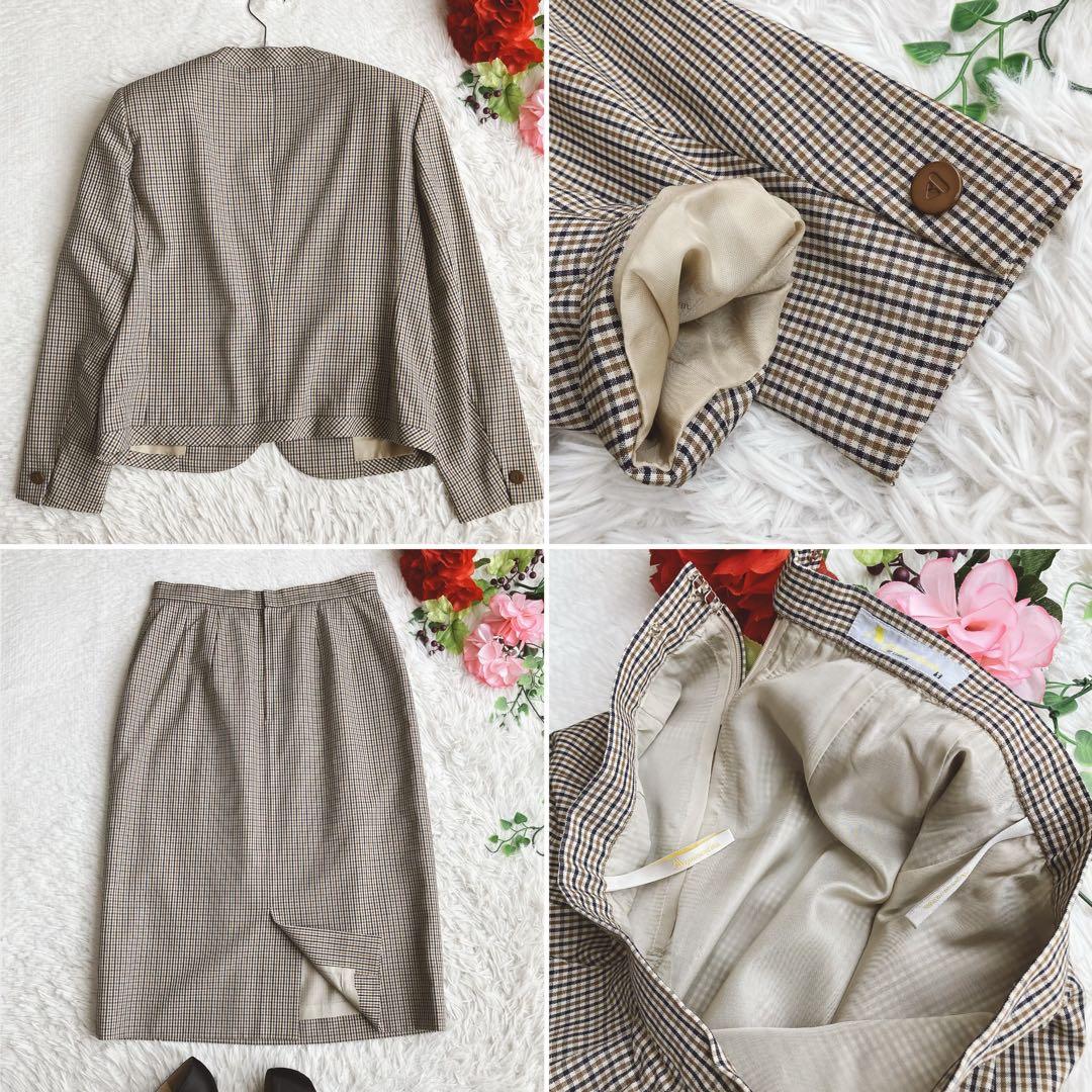 アクアスキュータム★クラブチェック総柄 ノーカラースカートスーツ ロングスカート