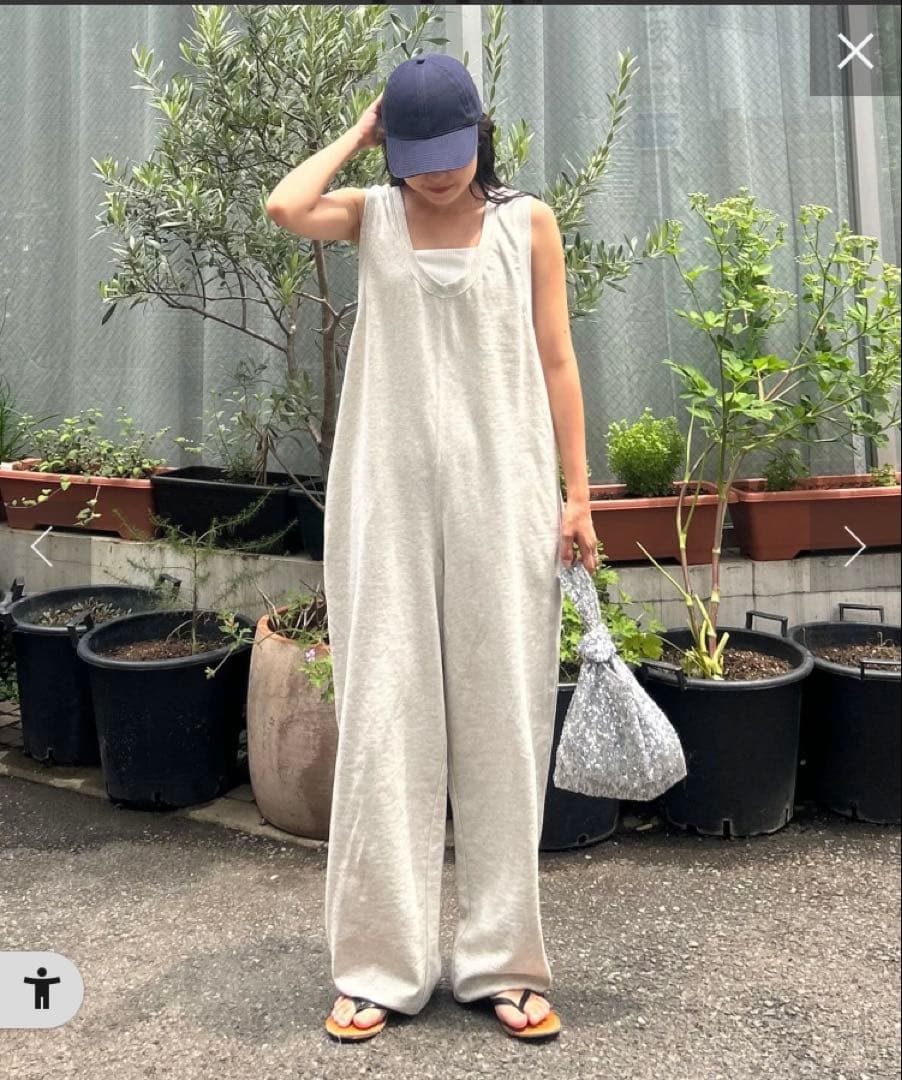 新品 《M》スラブ裏毛裾ドロストオールインワン グレー色