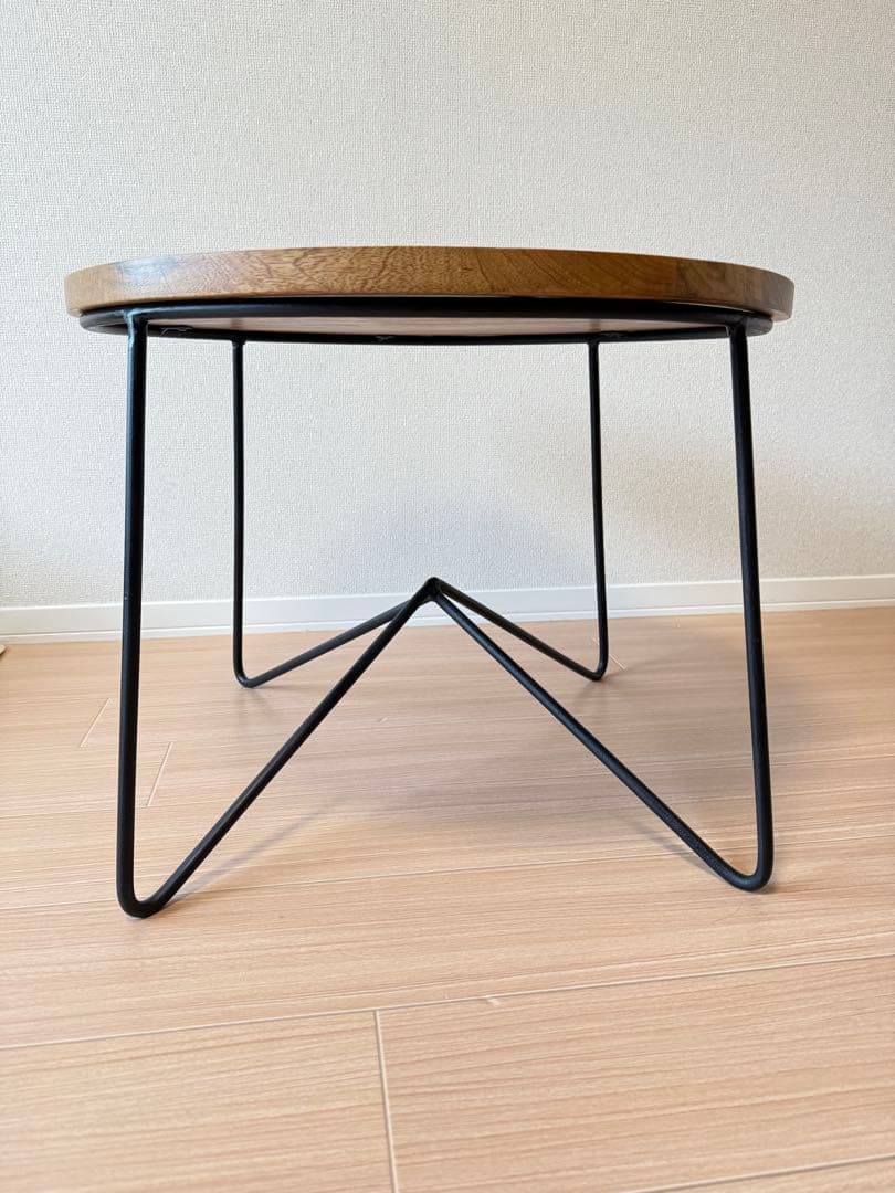 【美品】無垢材 ローテーブル 北欧家具 アイアンレッグ 丸テーブル