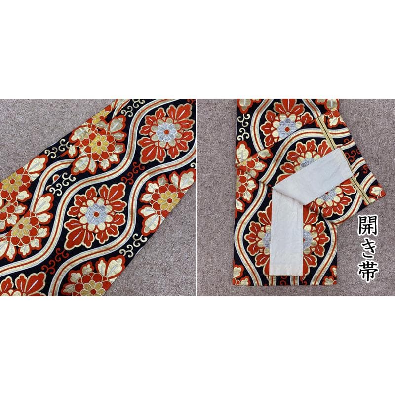 505ag45◎七五三 七歳 女児 アンティーク着物&開き帯 金彩 鈴 総柄◎