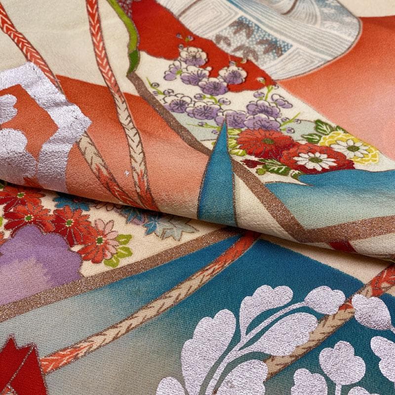 505ag45◎七五三 七歳 女児 アンティーク着物&開き帯 金彩 鈴 総柄◎