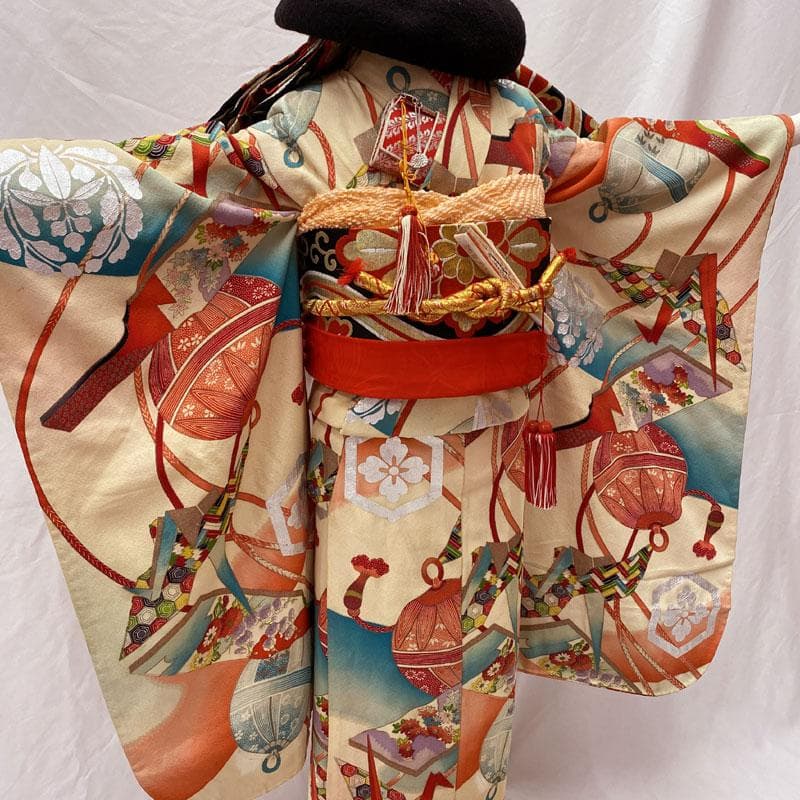 505ag45◎七五三 七歳 女児 アンティーク着物&開き帯 金彩 鈴 総柄◎