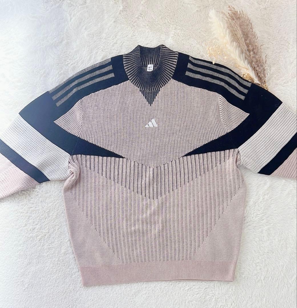 adidas アディダスニットセットアップ 長袖 ロゴ入りピンクベージュブラック