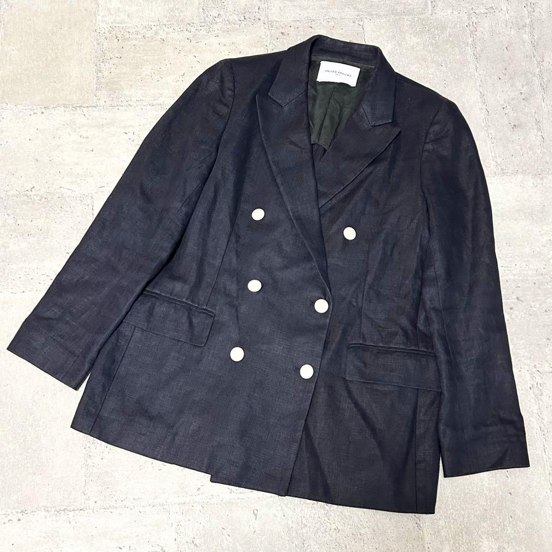 ユナイテッドアローズ リネン ダブルブレスト ジャケット【40】ネイビー