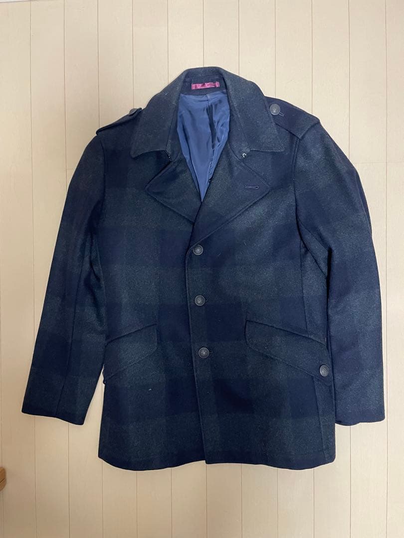 ネイビー チェック柄 ウールピーコート