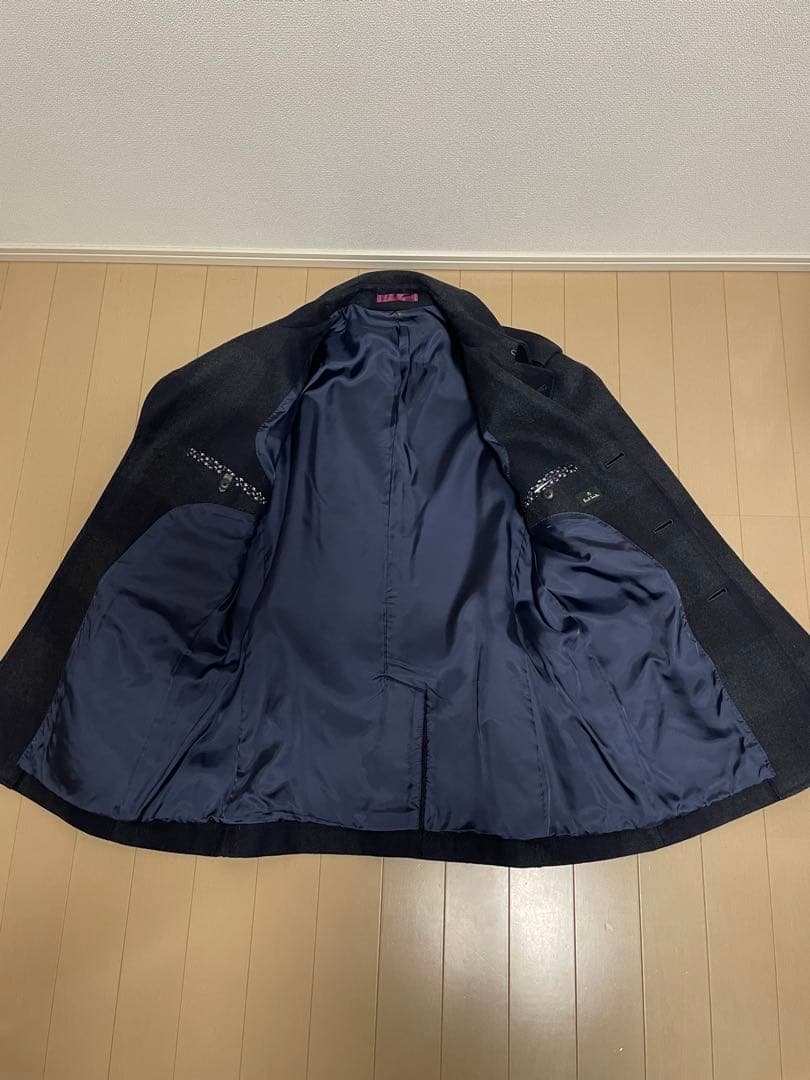 ネイビー チェック柄 ウールピーコート