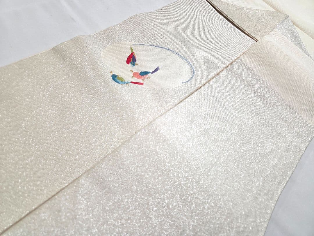 B◆着物くつろぎ 小鳥模様 金銀糸 太鼓 正絹 フォーマルな名古屋帯