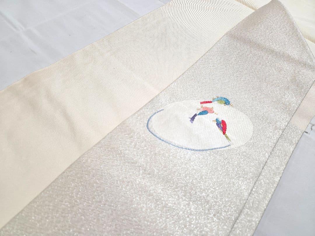 B◆着物くつろぎ 小鳥模様 金銀糸 太鼓 正絹 フォーマルな名古屋帯