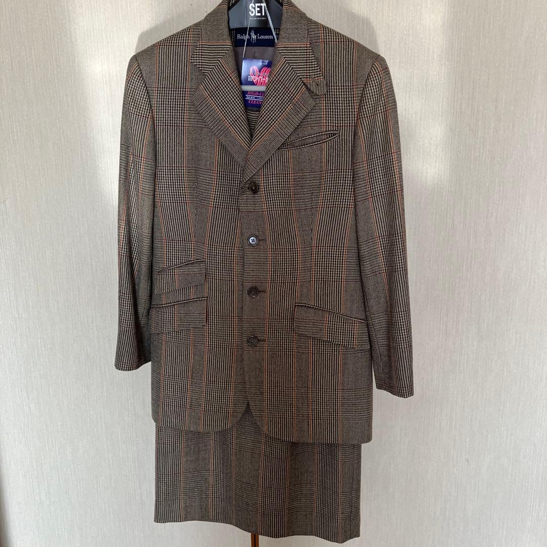 ブラウン チェック柄 テーラードジャケット スカートセット11号サイズ