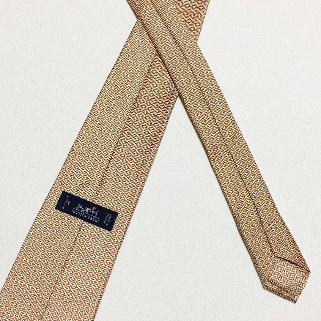 未使用級 エルメス HERMES ネクタイ シルク オレンジ / ベージュ H柄