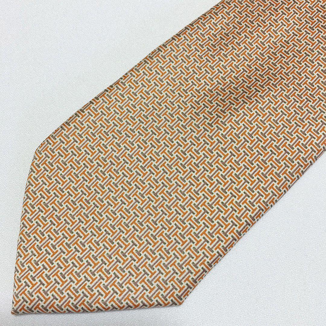 未使用級 エルメス HERMES ネクタイ シルク オレンジ / ベージュ H柄