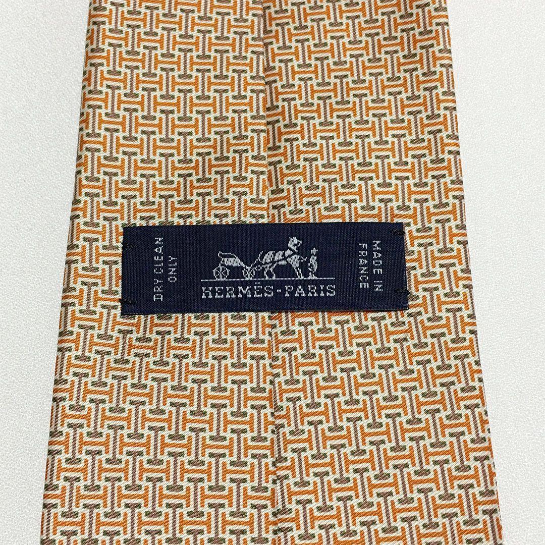 未使用級 エルメス HERMES ネクタイ シルク オレンジ / ベージュ H柄