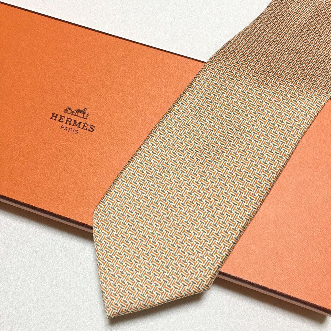 未使用級 エルメス HERMES ネクタイ シルク オレンジ / ベージュ H柄