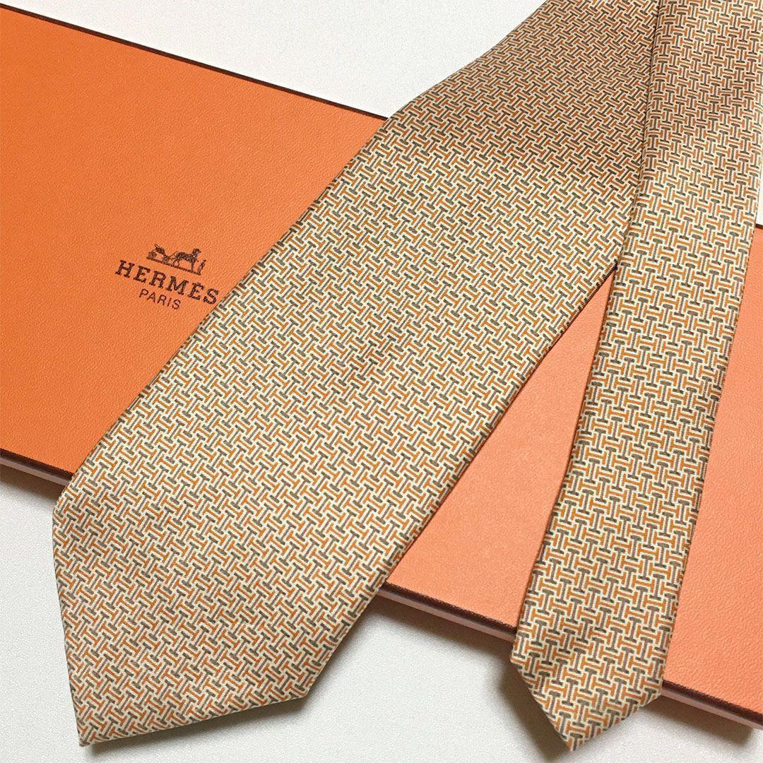 未使用級 エルメス HERMES ネクタイ シルク オレンジ / ベージュ H柄