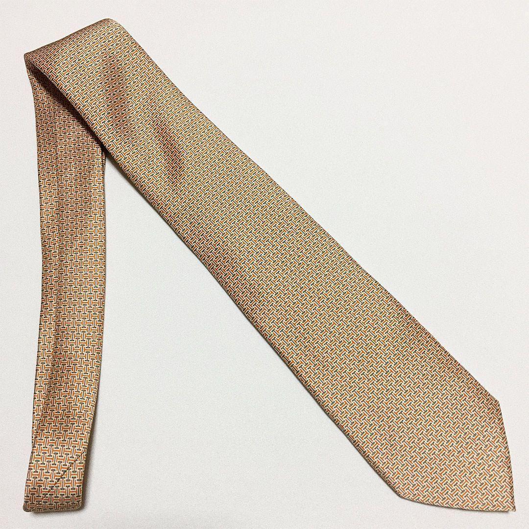 未使用級 エルメス HERMES ネクタイ シルク オレンジ / ベージュ H柄