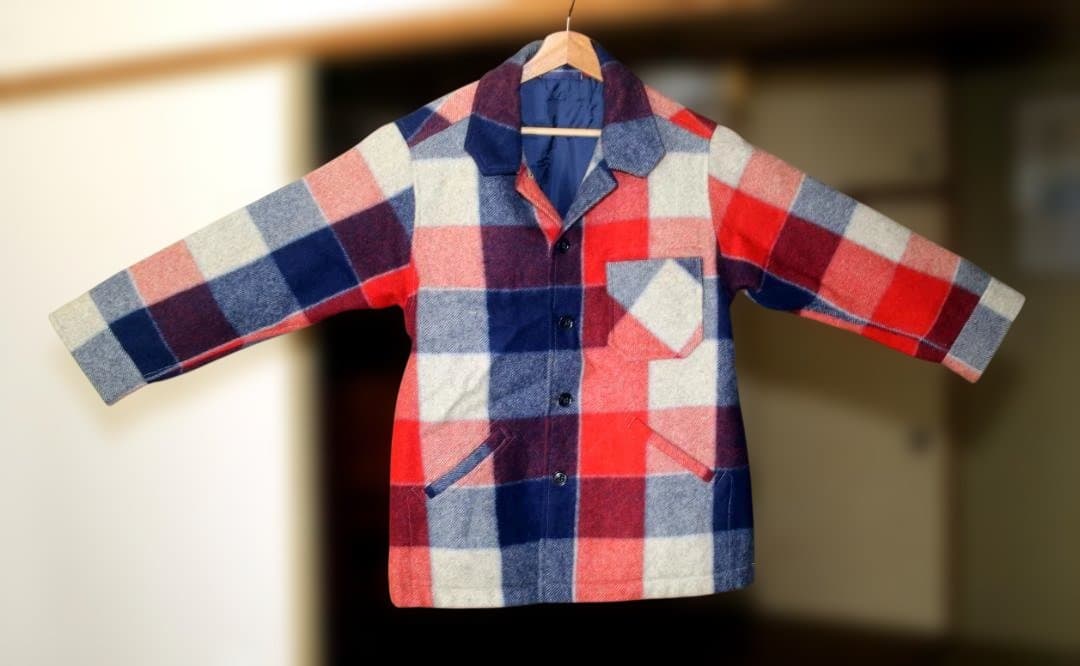 Fukuzō ウールハーフコート 赤と紺・白のチェック柄