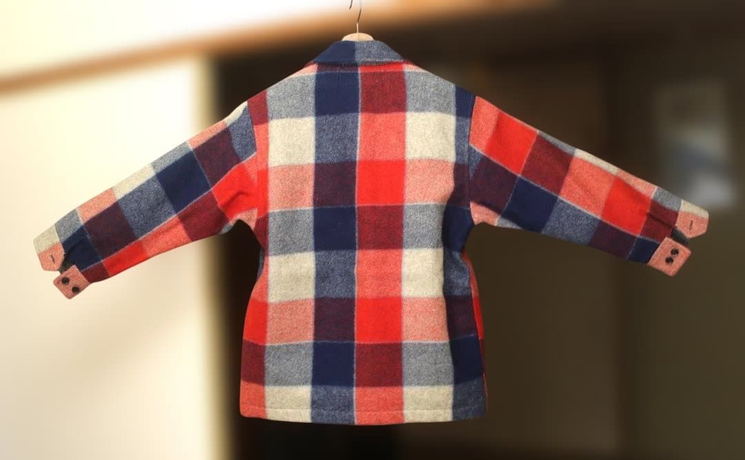 Fukuzō ウールハーフコート 赤と紺・白のチェック柄