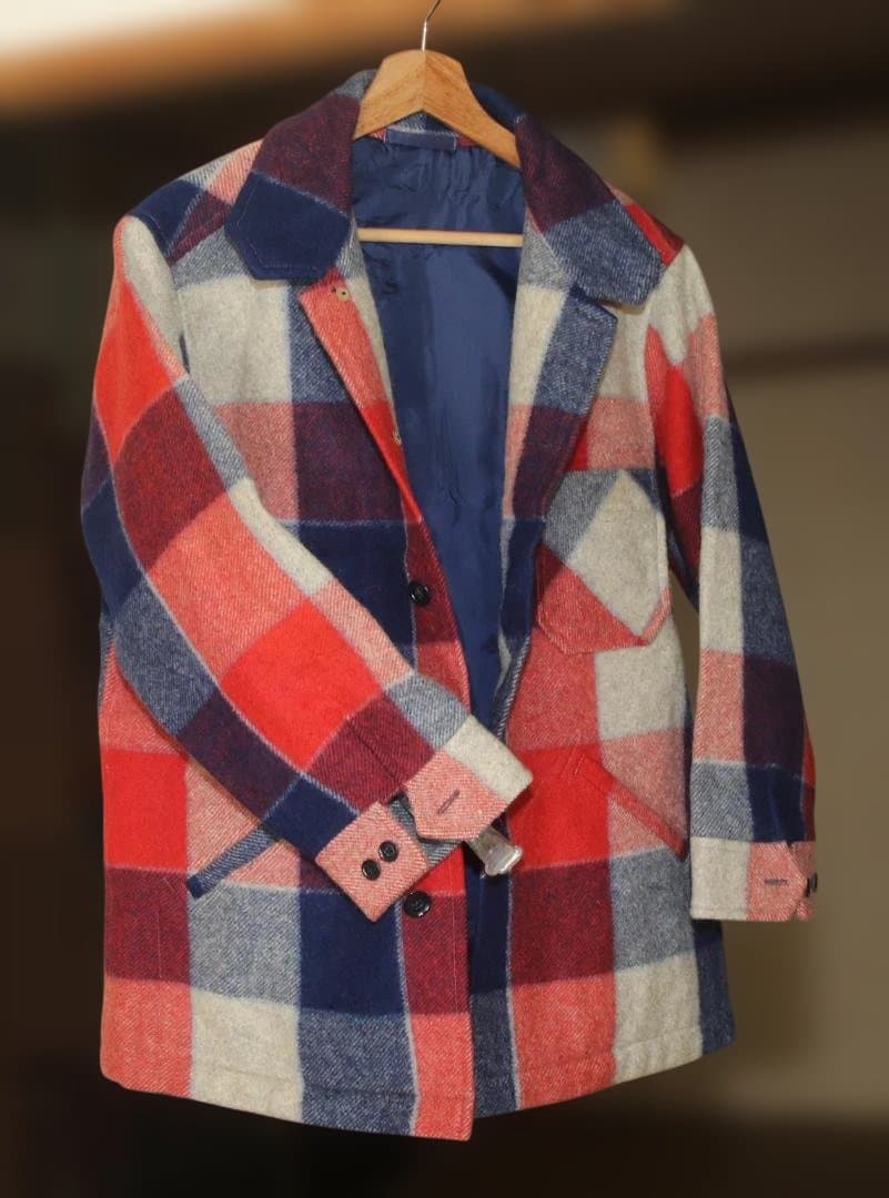 Fukuzō ウールハーフコート 赤と紺・白のチェック柄