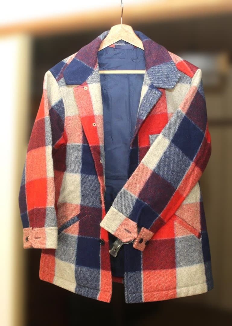 Fukuzō ウールハーフコート 赤と紺・白のチェック柄