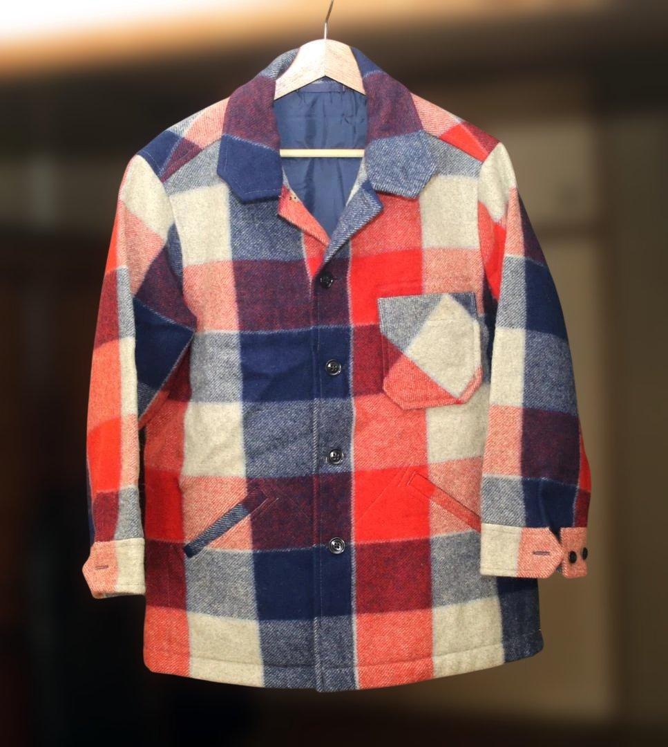 Fukuzō ウールハーフコート 赤と紺・白のチェック柄