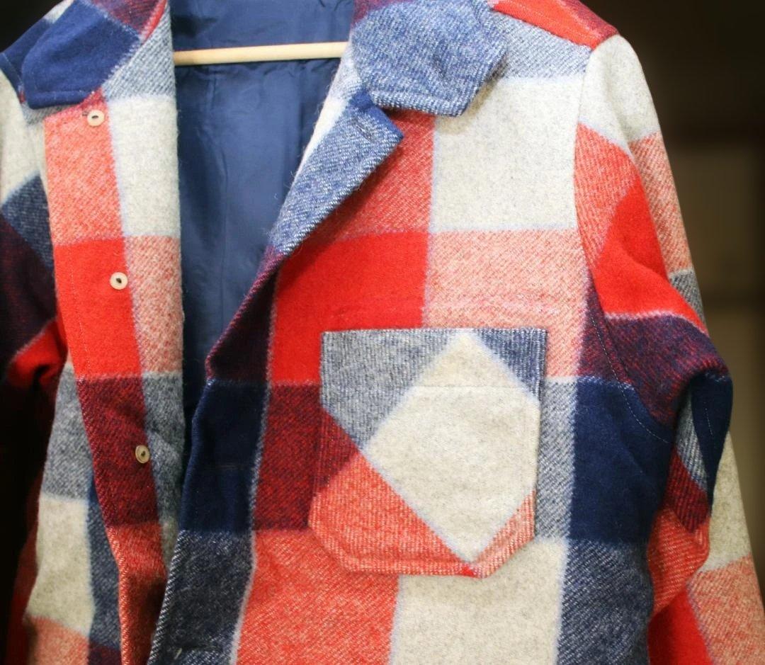 Fukuzō ウールハーフコート 赤と紺・白のチェック柄