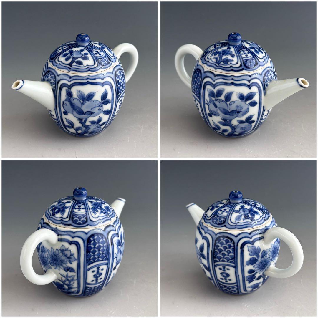 煎茶道具　青華花弁文　茶瓶　急須　初代　三浦竹軒　共箱　染付　京焼　茶器　茶会