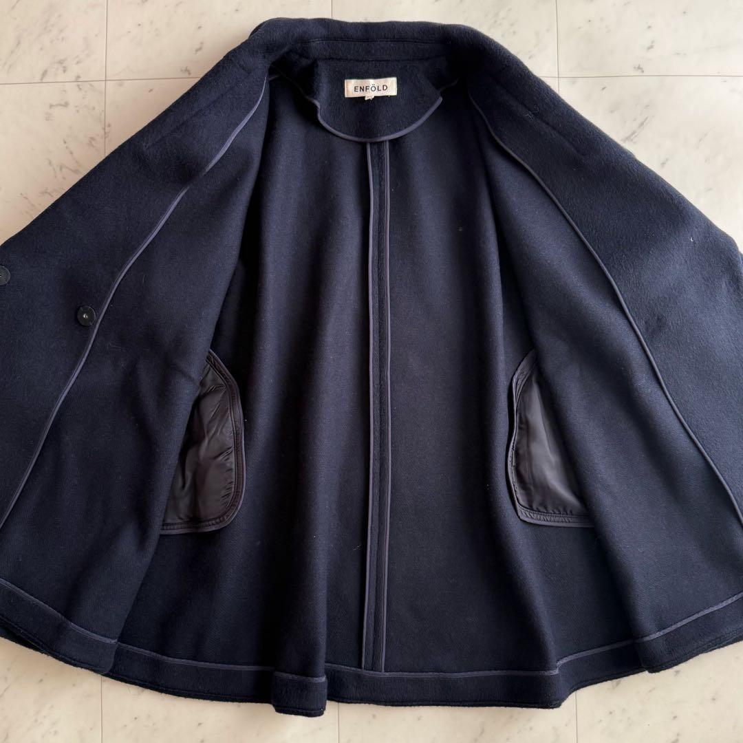 美品 エンフォルド ショートビバー Aライン ウール リバーコート◆ネイビー