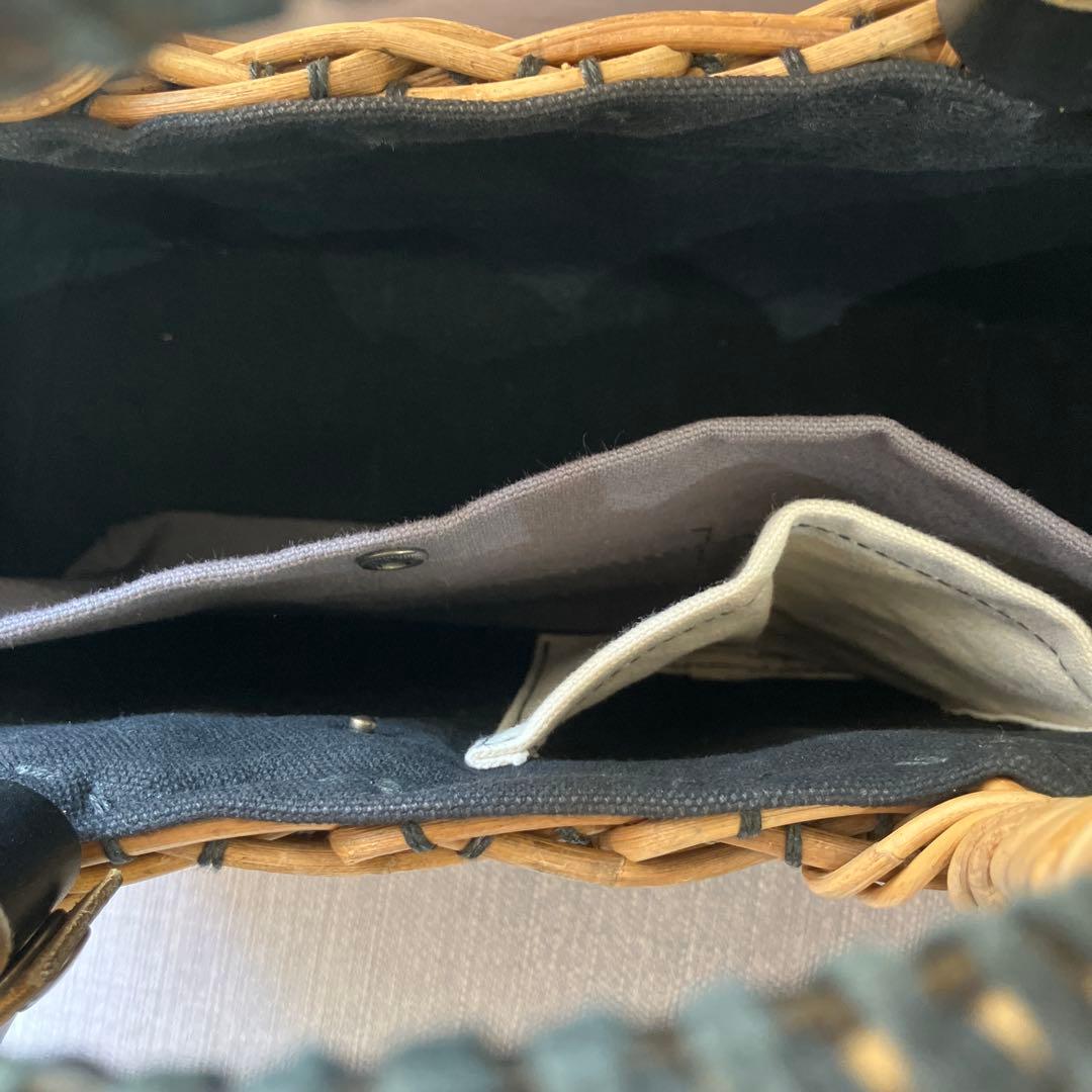 定番完売 エバゴス ebagos 横長かごバッグ 紅籐かごバッグ 黒リネン被せ