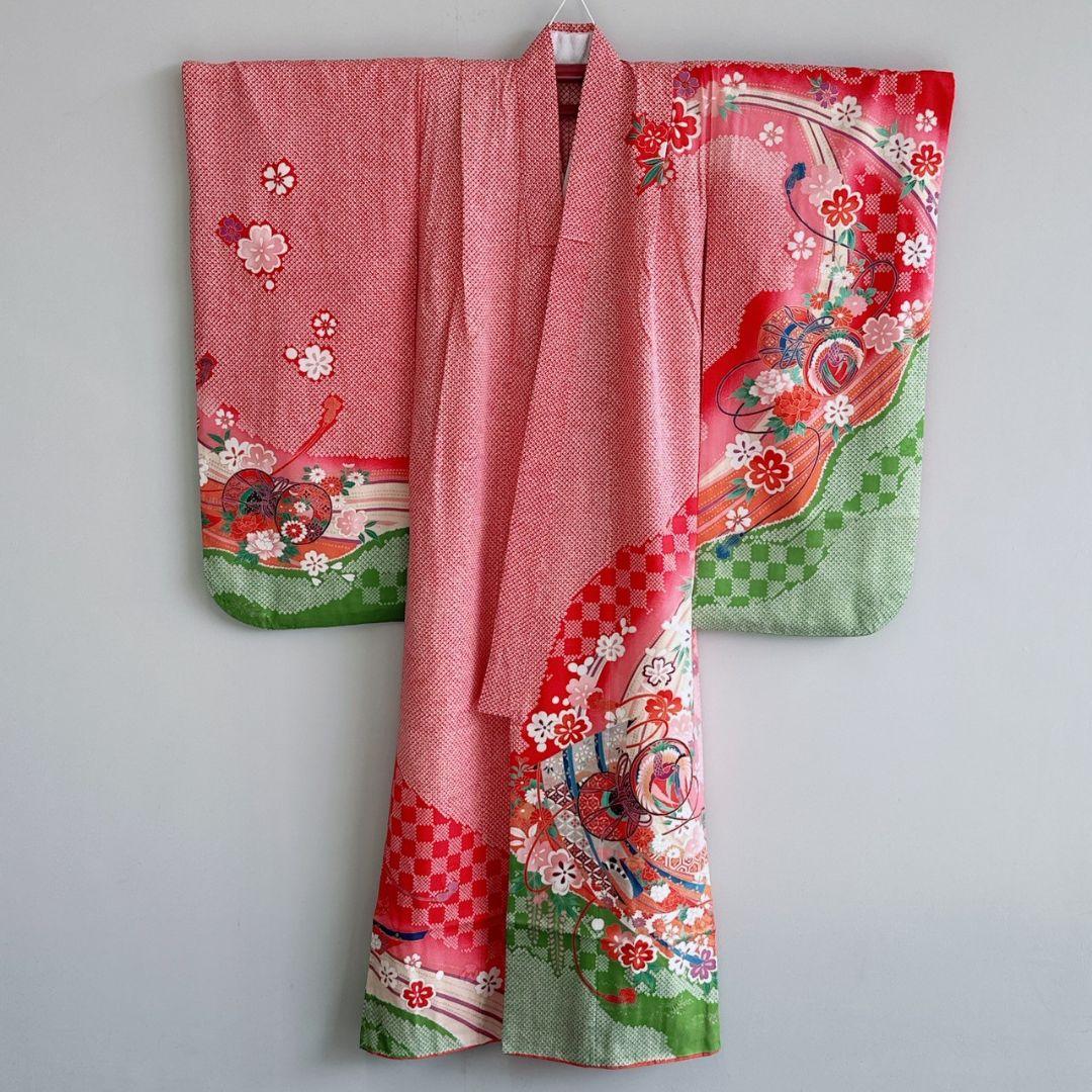 美品　フルセット　七五三　７歳女の子　しぼり柄鼓　緑袋帯　長襦袢付　小物7085