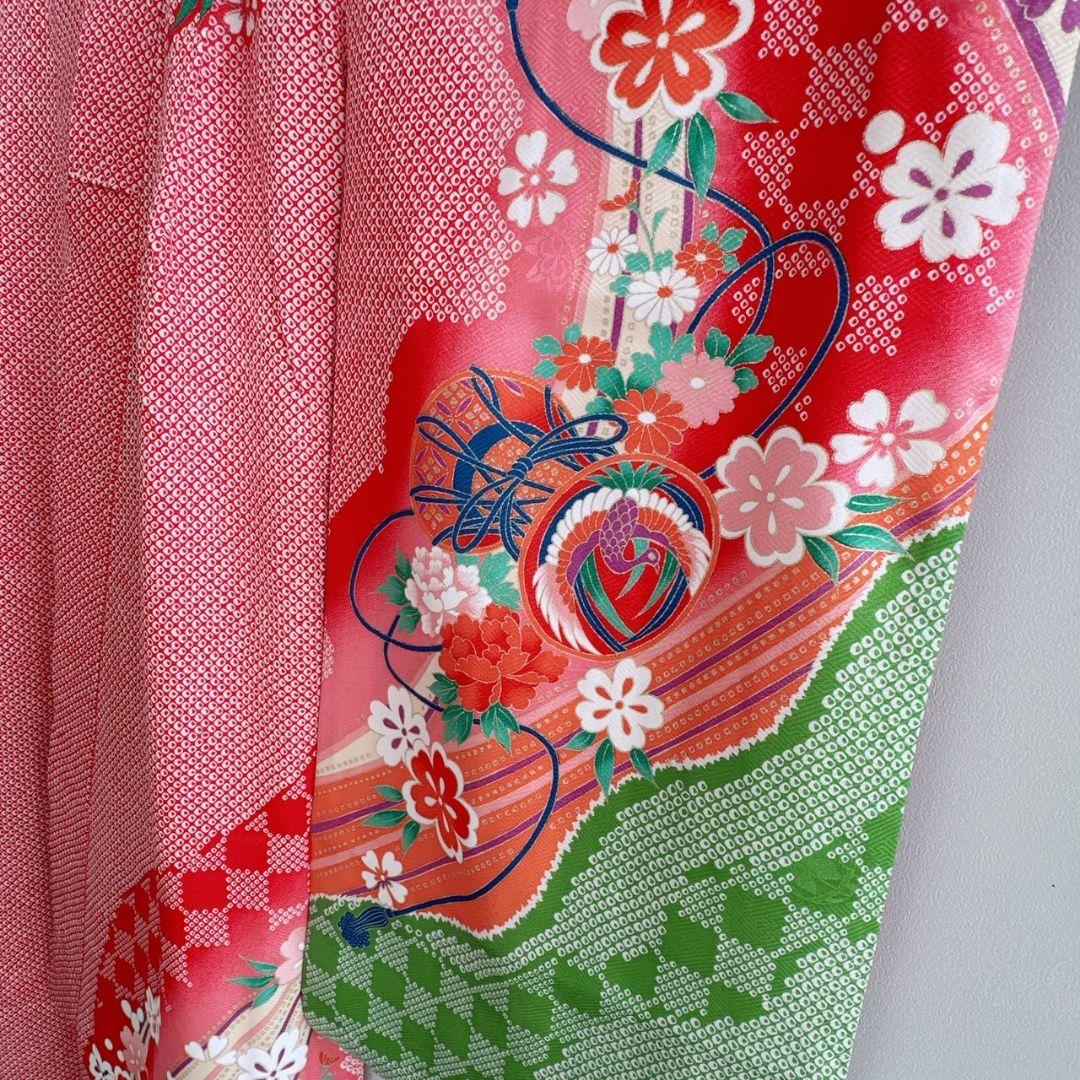 美品　フルセット　七五三　７歳女の子　しぼり柄鼓　緑袋帯　長襦袢付　小物7085