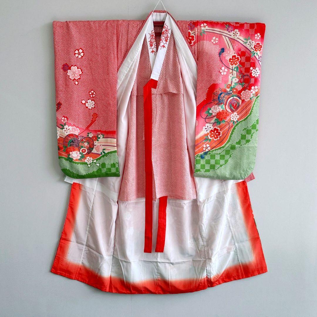 美品　フルセット　七五三　７歳女の子　しぼり柄鼓　緑袋帯　長襦袢付　小物7085