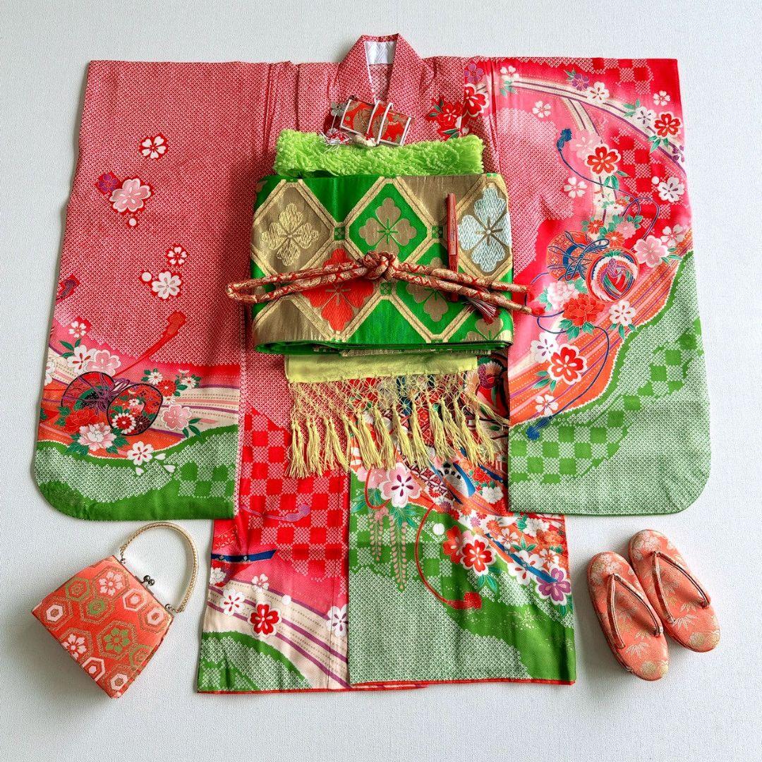 美品　フルセット　七五三　７歳女の子　しぼり柄鼓　緑袋帯　長襦袢付　小物7085