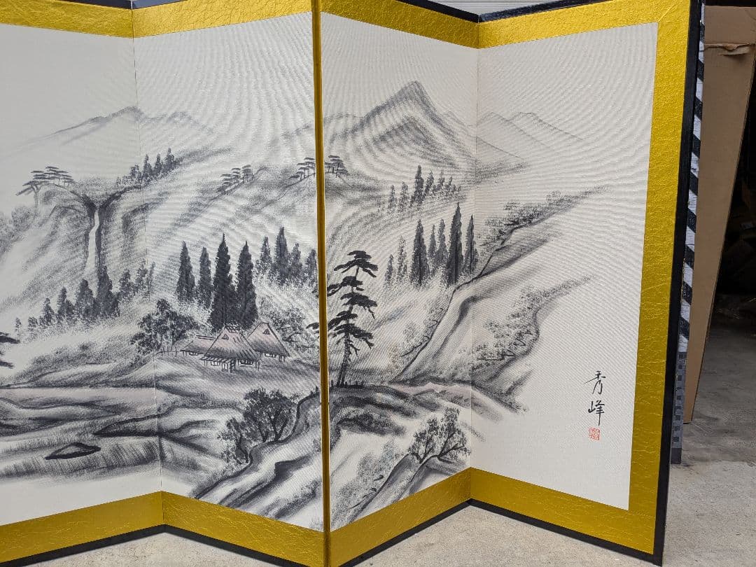 【秀峰銘】山水図屏風 風景図約259×116㎝ 金紙 片面 六曲 屏風 日本画