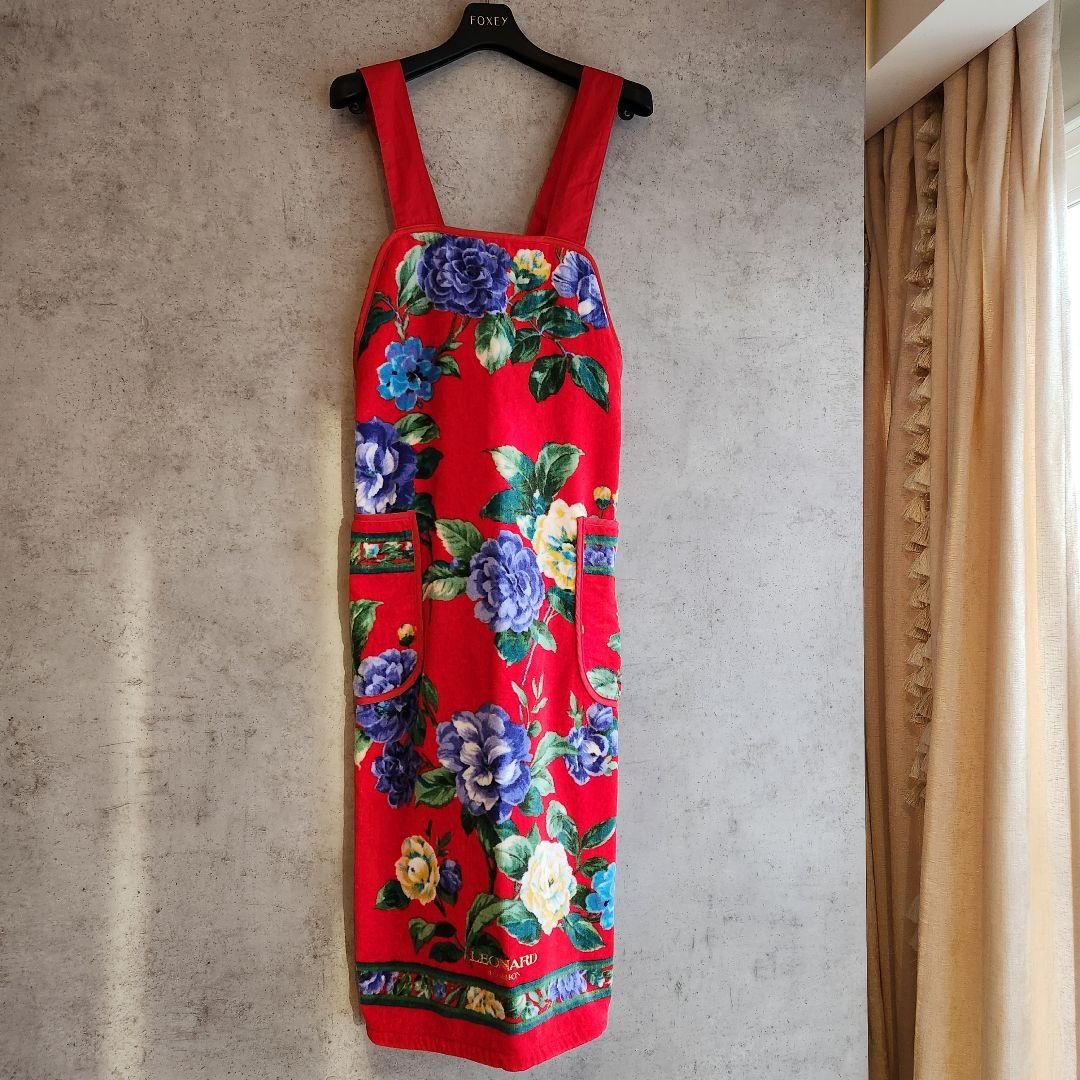 未使用　LEONARD FASHIONフラワープリントエプロンレッド　レオナール