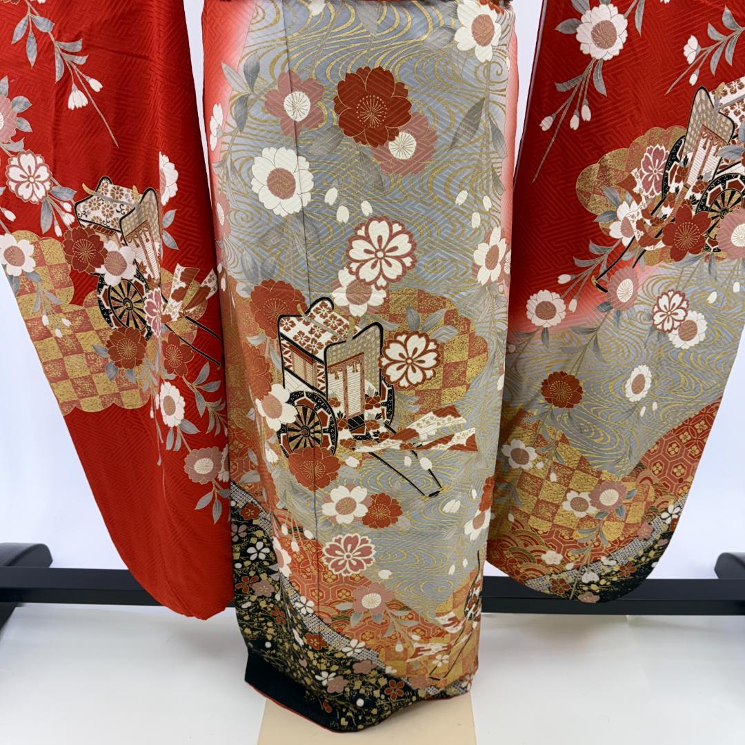 振袖フルセット 朱色 グレー 成人式 草履バック付 裄66cm S-211