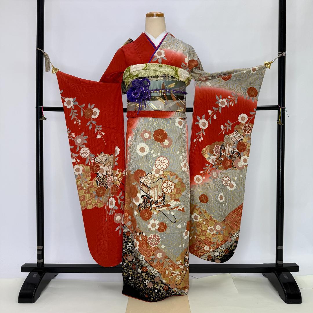 振袖フルセット 朱色 グレー 成人式 草履バック付 裄66cm S-211