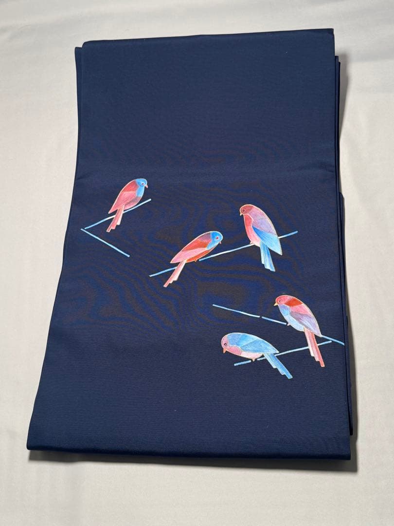 [白太郎] 名古屋帯　正絹　鳥　紺　青　洒落帯　カジュアル　小紋　紬