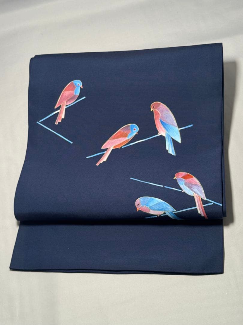 [白太郎] 名古屋帯　正絹　鳥　紺　青　洒落帯　カジュアル　小紋　紬