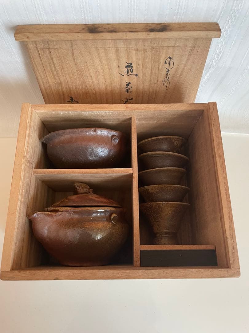 備前焼　煎茶器揃　宝瓶・湯冷し・煎茶椀　松ぼっくり　五郎兵衛窯　木箱付き
