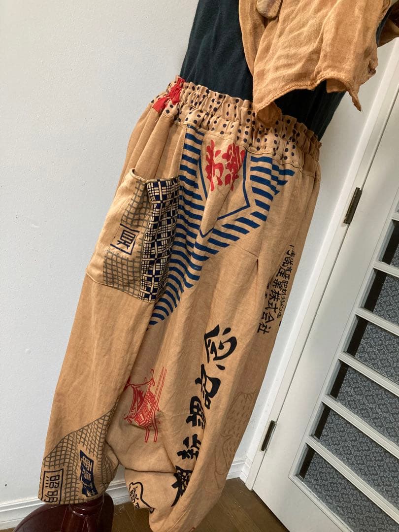 古布リメイク時代物手拭い柿渋染めサルエルパンツ