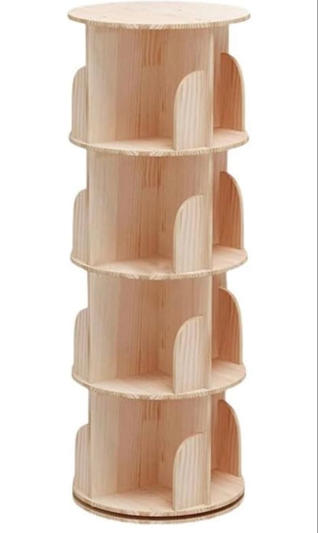 無垢材回転式本棚 360°回転本棚大容量省スペース収納ラック4段129cm