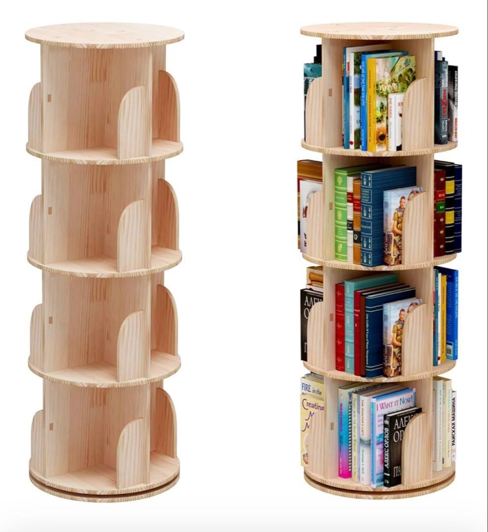 無垢材回転式本棚 360°回転本棚大容量省スペース収納ラック4段129cm