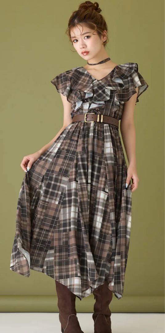 【みぃ】rienda シアーパターンイレヘムワンピ(ベルトセット)