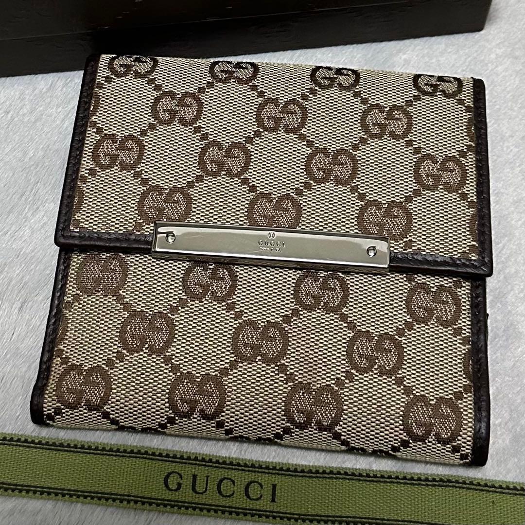 GUCCI グッチ　折り財布　メタルロゴ　キャンバス　GG ブラウン