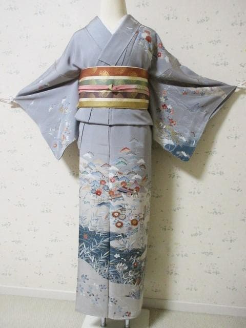 訪問着：美品-花と水流とオシドリと民家：高級品グレー：袷正絹：N88