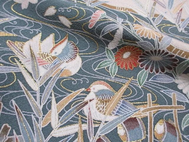 訪問着：美品-花と水流とオシドリと民家：高級品グレー：袷正絹：N88